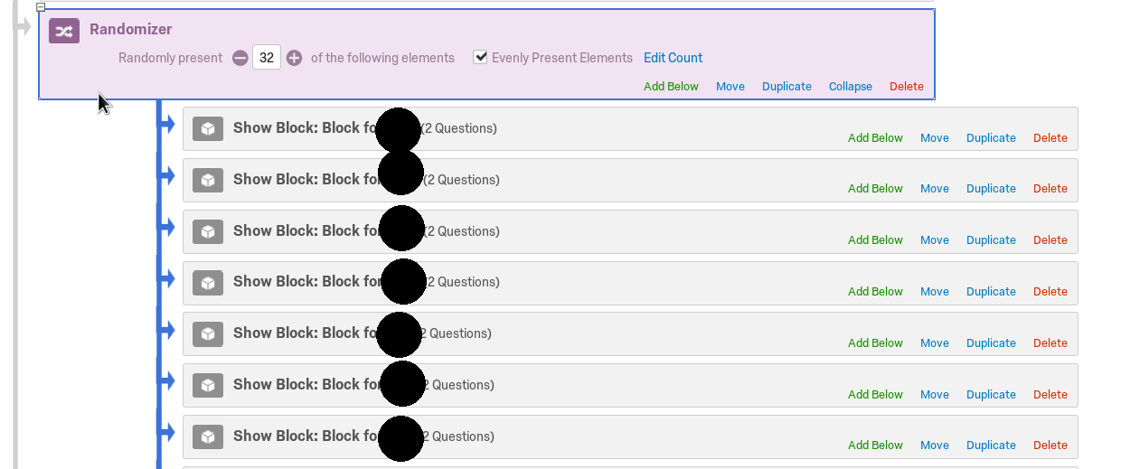 Randomiser with question blocks. Each block contains a question and a timing question.